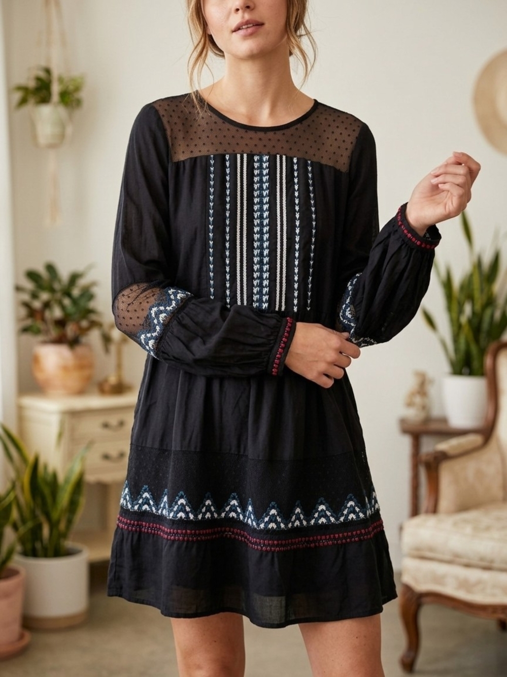 Abercrombie & Fitch Black Long-Sleeve Embroidered Mini Dress